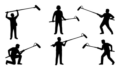 Sound Recordist Silhouette Set with Boom Operator Figures Holding Microphone Poles for Film Crew Video Production Media Broadcast and Cinema Studio Graphic Elements © MdSaidi