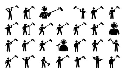 Boom Operator Stick Figure Icon Set with Audio Crew Silhouettes Holding Microphone Poles and Headphones for Film Video Production Media Broadcast Graphic Designs © MdSaidi