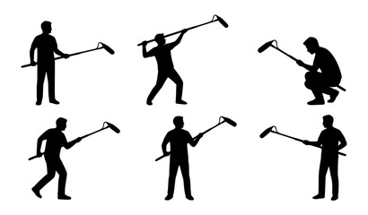 Boom Operator Silhouette Set with Audio Technicians Holding Microphone Poles for Film Production Video Shoots Media Broadcasting and Sound Recording Vector Elements © MdSaidi