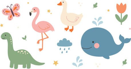 Cute nursery animals and whimsical nature elements vector sticker set © MSTRUBINA