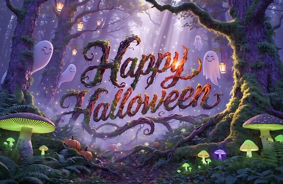 Happy Halloween Wooden Typography in Enchanted Forest with Cute Ghosts and Glowing Mushrooms