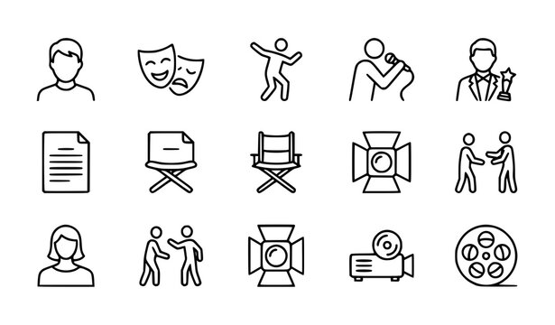 Theater and Movie Production Line Icon Set Featuring Audition Scripts Drama Masks Acting Talent Stage Lights and Film Reels for Cinema Industry Graphic Designs