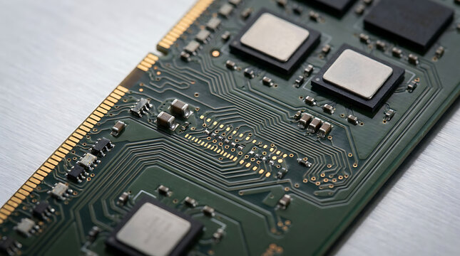 Close Up View of Computer Random Access Memory Module Printed Circuit Board High Performance Hardware Component Details