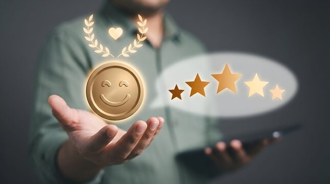 Golden customer feedback icon with five stars floating above a man hand showing high quality service and excellent rating score