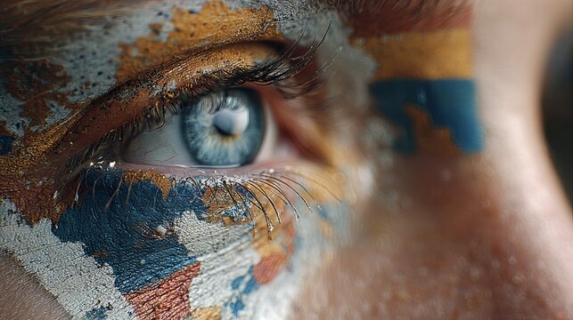 Close-up of human eye with colourful world map painted across face, symbolizing global connection, diversity, and international unity