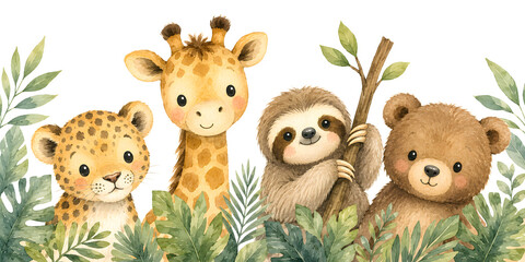 Obraz premium Curious leopard, giraffe, sloth, and bear resting together behind tropical leaves and branches in a warm watercolor wildlife scene, framed by layered tropical foliage, for young children.