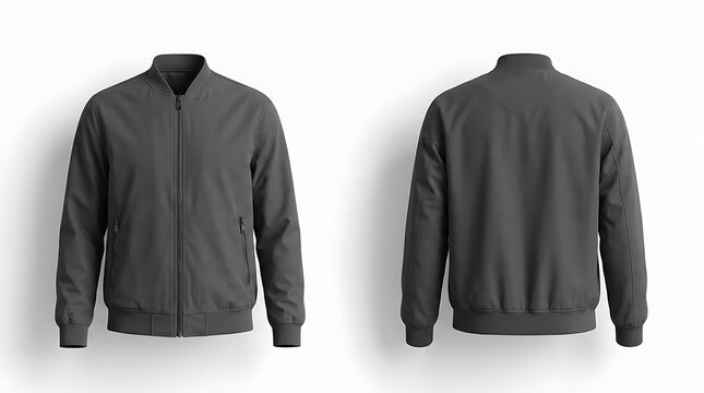 A minimalist dark gray windbreaker jacket is shown from the front and back on a white background with a subtle shadow effect.