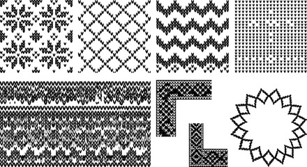 Obraz premium Set of seamless knitted patterns and decorative elements, winter sweater texture collection transparent background