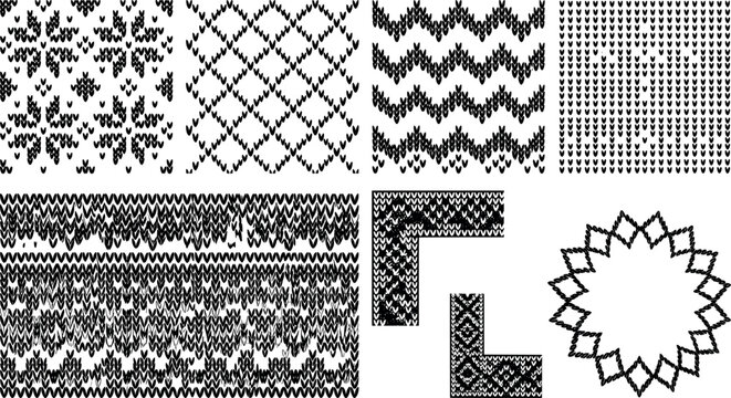 Set of seamless knitted patterns and decorative elements, winter sweater texture collection transparent background
