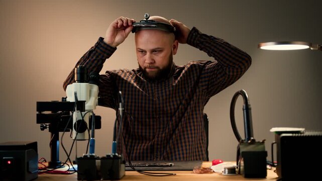 Technician repairing electronics at workbench