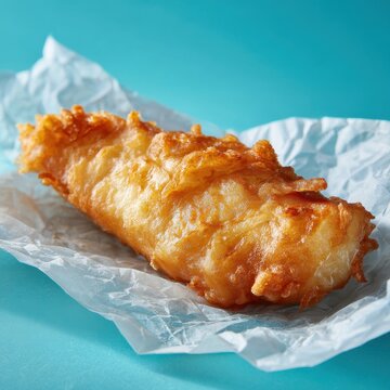 Deep fried golden brown crispy battered fish fillet on crumpled white parchment paper resting on a vibrant teal background, macro studio lighting highlighting crunchy texture and savory snack.
