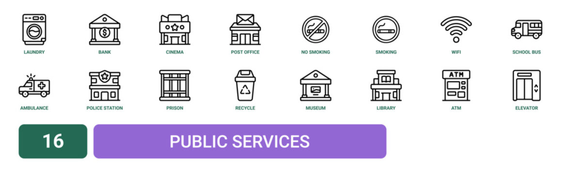 Set of 16 outline web Public Services icons such as elevator, atm, library, museum, recycle, prison, police station vector icons for report, presentation, diagram, web design, mobile app
