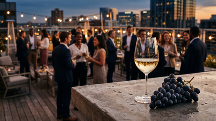 Obraz premium Rooftop Gathering with Wine and Grapes: A sophisticated social event unfolds on a city rooftop at dusk, with elegantly dressed people mingling and enjoying drinks.