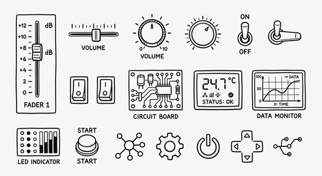 Minimalist hand-drawn black and white icon collection featuring user interface controls, faders, volume knobs, toggle switches, circuit boards, digital displays, and data graphs on white.