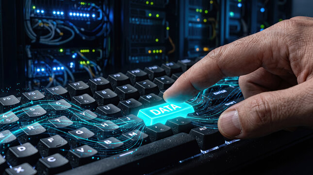 Finger pressing glowing cyan data button on black keyboard with fiber optic digital streams