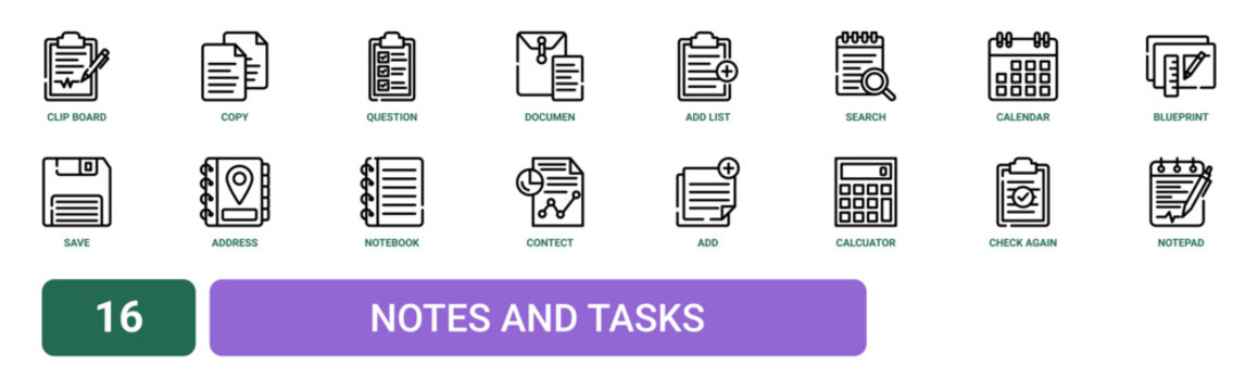 Set of 16 outline web Notes and Tasks icons such as notepad, check again, calcuator, add, contect, notebook, address vector icons for report, presentation, diagram, web design, mobile app