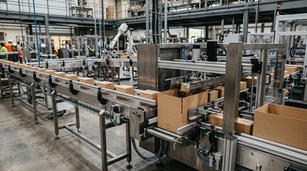 Fototapeta premium Medium shot of an automatic case packer seamlessly integrating with sideload conveyors showing smooth transfer of products for efficient packaging in a modern production line.