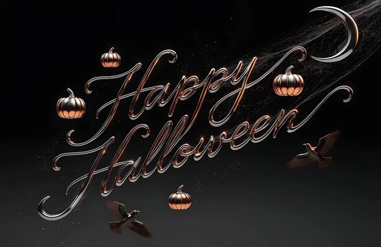 Metallic Happy Halloween Typography with Chrome Pumpkins Crows and Crescent Moon on Black Background
