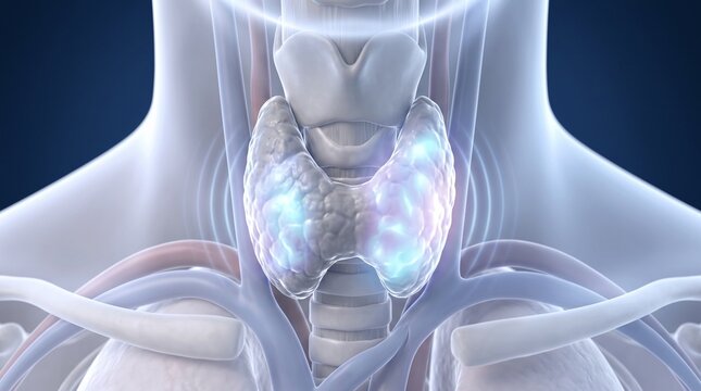 3D glowing thyroid gland medical illustration. Digital endocrine system energy orb with futuristic radiance for health tech.