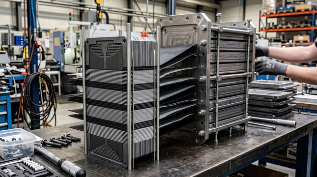 Industrial worker assembling heavy duty plate heat exchanger in manufacturing factory
