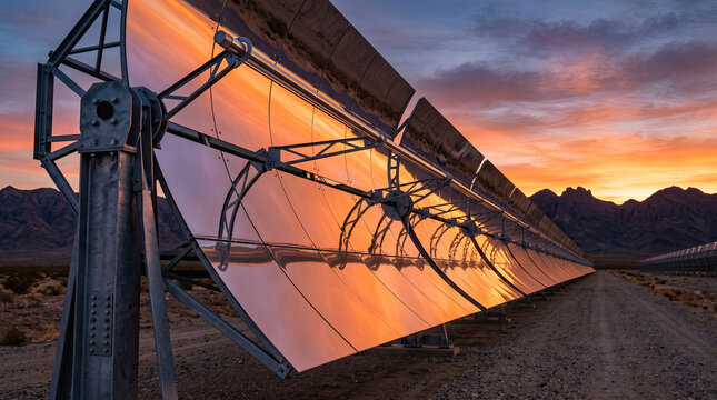 Parabolic trough solar thermal power plant reflectors capturing dramatic sunset light