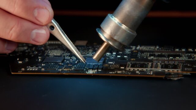 Soldering Circuit Board with Tweezers Macro Close Up