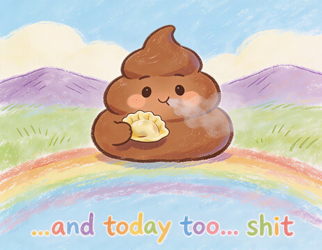 immagine satirica e provocatoria di una cacca disegnata in stile infantile che sorride con la scritta '...e oggi anche...cacca', satirical and provocative image of a poop drawn in a childlike style 