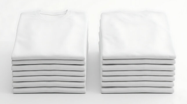 Stacks of neatly folded white shirts on a plain surface indoors
