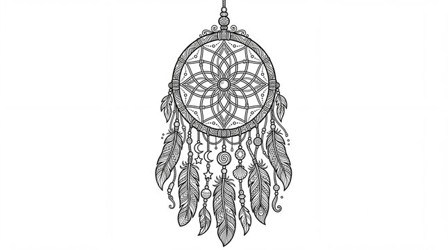 Intricate dreamcatcher illustration featuring detailed feathers and patterns against a white background