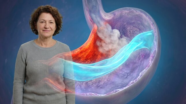 Woman with stomach acid relief concept. Medical illustration of heartburn soothing effect.