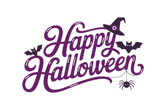 Happy halloween calligraphy lettering with witch hat bat and spider web accents for festive seasonal holiday greeting cards and posters
