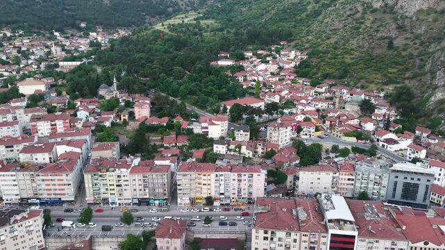 Breathtaking Drone View of Amasya Nestled Between Mountains and the Yeşilırmak Valley