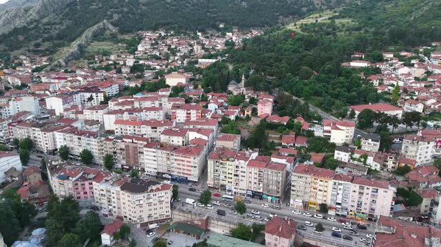 Breathtaking Drone View of Amasya Nestled Between Mountains and the Yeşilırmak Valley