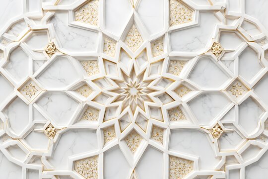 Intricate White Marble Islamic Geometric Star Pattern with Elegant Gold Details for Architectural Design Background