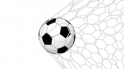 Fototapeta premium Classic black and white soccer ball hitting the white mesh netting after a successful goal during a professional match featuring high contrast lighting and sharp clean vector art style graphics.