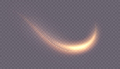 Glowing golden curved light trail with soft motion blur, isolated on transparent background for overlays, speed effects, energy accents and motion graphics. Vector illustration. © Valeriia