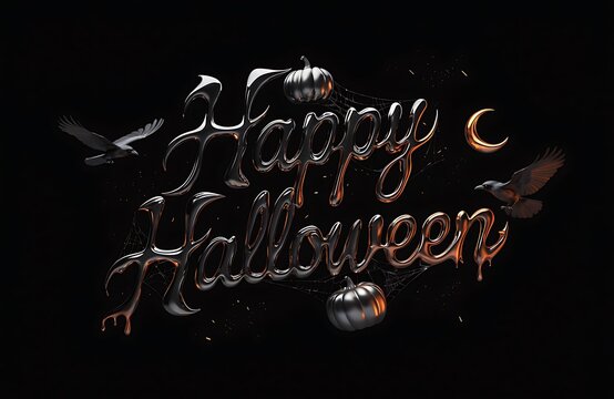 Dark Gothic Happy Halloween 3D Chrome Typography with Flying Crows and Metallic Pumpkins