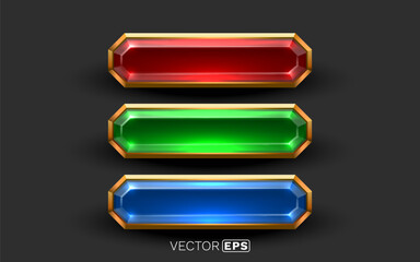 Obraz premium Set of shiny jewel-like buttons or banners in red, green, and blue, framed in gold. Ideal for game UI, web elements, or fantasy design projects.