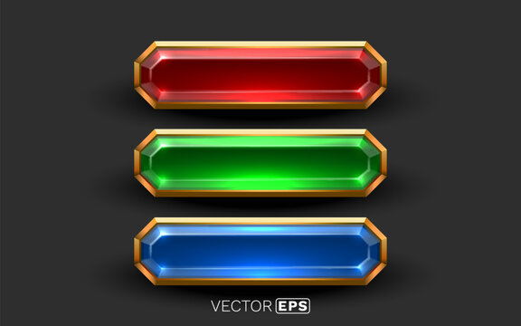 Set of shiny jewel-like buttons or banners in red, green, and blue, framed in gold. Ideal for game UI, web elements, or fantasy design projects.