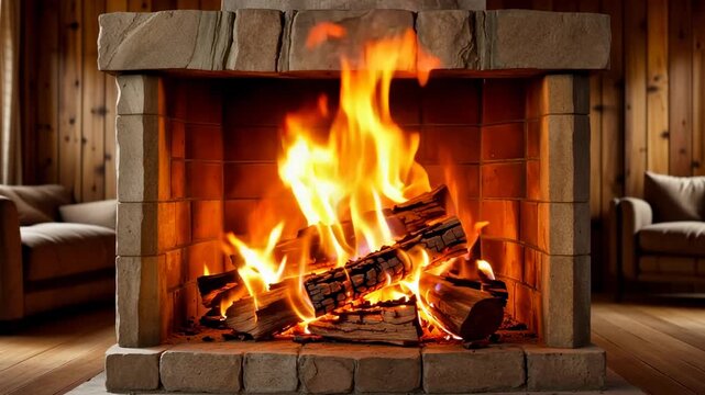 Fiery flames burning in a rustic fireplace with cozy room ambiance