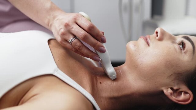 Young woman during a thyroid ultrasound procedure in a modern diagnostic clinic. Concept endocrinology, thyroid examination, ultrasound diagnostics, preventive healthcare, medical technology.