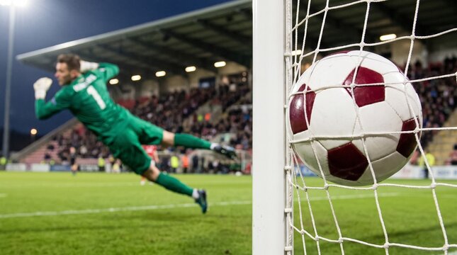 Soccer ball hitting the back of the net after a goal is scored while a professional goalkeeper dives in the background during a competitive evening match under bright stadium lights