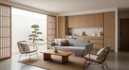 Fototapeta premium Modern Zen Living Space With Indoor Japanese Garden View
