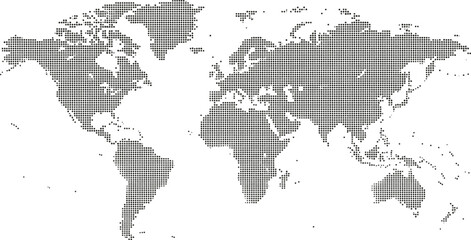 Halftone world map with dot pattern, dotted globe continents graphic, black and white Earth planet, global geography elements, digital simple travel infographics. Vector isolated concep © MODA