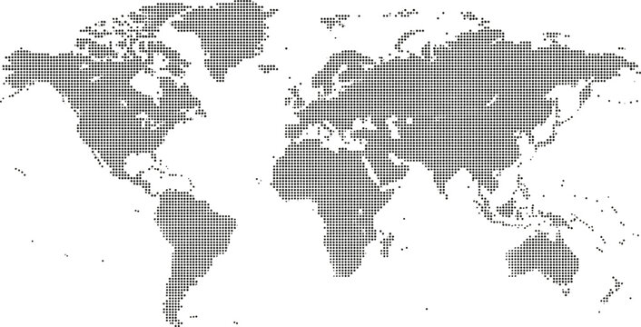 Halftone world map with dot pattern, dotted globe continents graphic, black and white Earth planet, global geography elements, digital simple travel infographics. Vector isolated concep