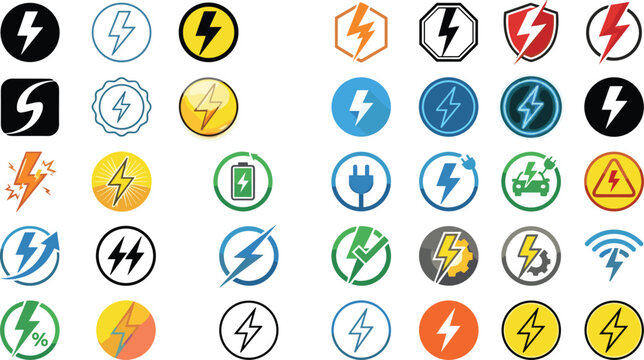 Lightning bolt icon. Flash symbol, thunderbolt, blitz lightnings strike sign. Electric energy black silhouettes, power concept. Vector isolated dynamic sports logo set