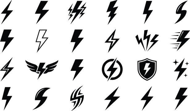 Lightning bolt icon. Flash symbol, thunderbolt, blitz lightnings strike sign. Electric energy black silhouettes, power concept. Vector isolated dynamic sports logo set