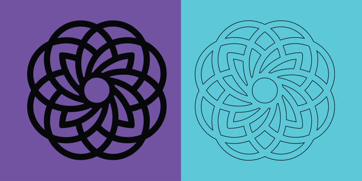 Intricate circular mandala pattern in solid black and outline style on purple and cyan split background
