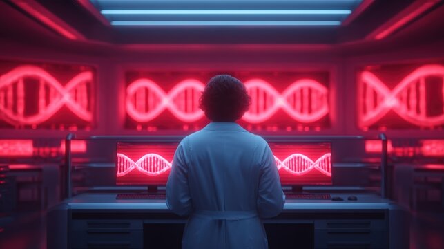 A scientist studies glowing red DNA sequences on multiple screens in a futuristic lab with neon lighting.