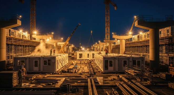 Night Construction Site With Modular Units And Cranes